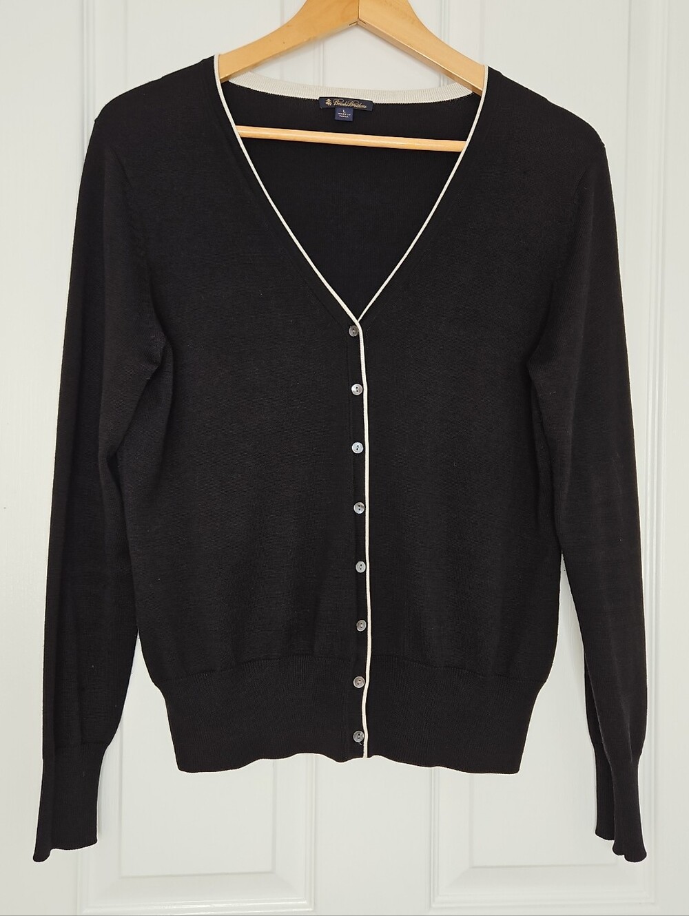 Brooks Brothers Womens L Black Tipped Cardigan Silk Cotton Blend Career Academia
